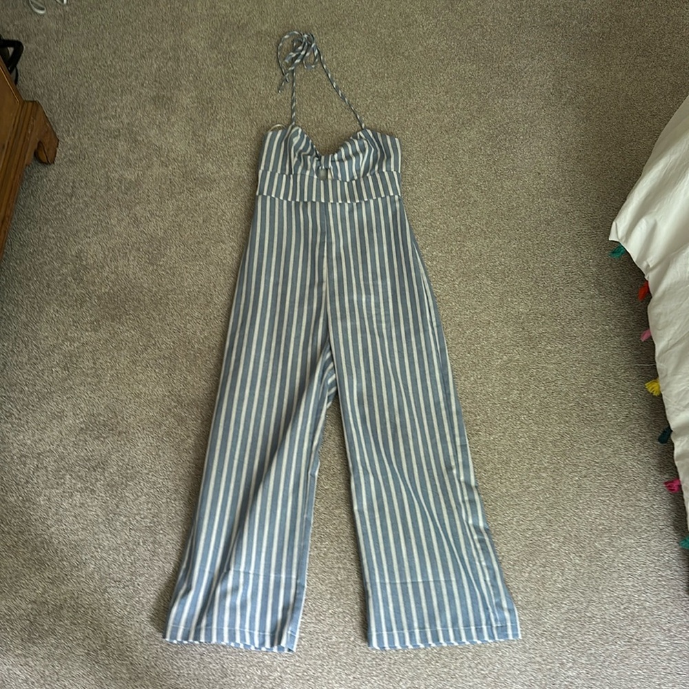 Blue and white striped pant jumpsuit from Aqua.